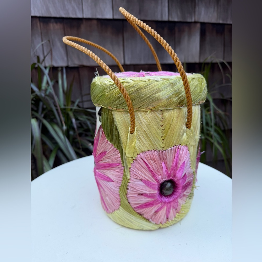 Vintage boho basket tote tall bag floral straw handles pink greens - Picture 4 of 10